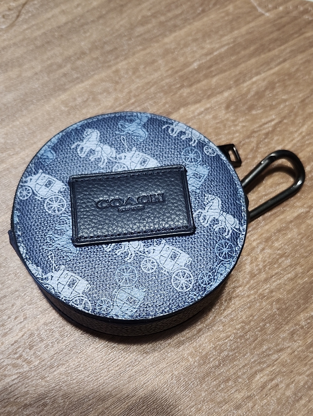 Coach Navy Hybrid Round Leather Case with Blue Carriage Print -- NWOT